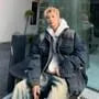 Stand Collar Washed Zip Denim Puffer Jacket