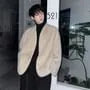V-Neck Plain Faux Fur Open Front Jacket