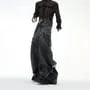 Mid Rise Washed Fray Panel Wide Leg Cargo Jeans