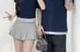 Couple Matching Mock Two-Piece Short-Sleeve Notch Neck Two Tone Crop Tee / Elbow-Sleeve Round Neck Tee