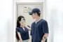 Couple Matching Mock Two-Piece Short-Sleeve Notch Neck Two Tone Crop Tee / Elbow-Sleeve Round Neck Tee