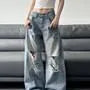 Low Rise Washed Distressed Wide Leg Jeans