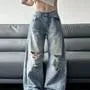 Low Rise Washed Distressed Wide Leg Jeans