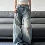 Low Rise Washed Distressed Wide Leg Jeans