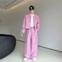 Set: Round Neck Tweed Open Front Jacket + Mid Rise Straight Leg Pants