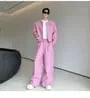 Set: Round Neck Tweed Open Front Jacket + Mid Rise Straight Leg Pants