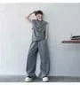 Set: Sleeveless Band Collar Plain T-Shirt + Drawstring Waist Plain Baggy Sweatpants