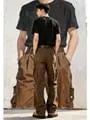 Mid Rise Plain Wide Leg Cargo Jeans