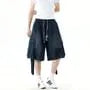 Drawstring Waist Washed Wide Leg Cargo Jorts