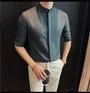 Elbow-Sleeve Stand Collar Button-Up Plain Shirt