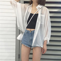 Long-Sleeve Collar Oversized Sheer Shirt