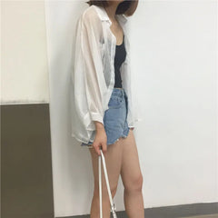 Long-Sleeve Collar Oversized Sheer Shirt
