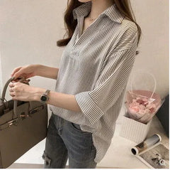 3/4-Sleeve V Neck Striped Shirt