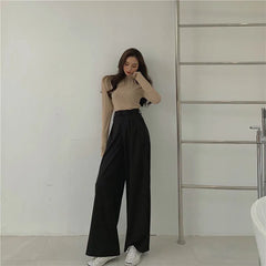 High Waist Plain Loose-Fit Wide-Leg Dress Pants