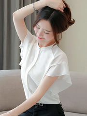 Flutter Sleeve Band Collar Plain Chiffon Shirt
