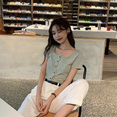 Square-Neck Short-Sleeve Button-Up Ribbed Top