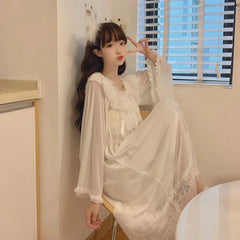 Long-Sleeve Lace Trim Nightgown