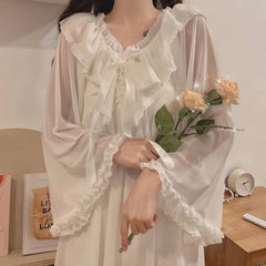 Long-Sleeve Lace Trim Nightgown