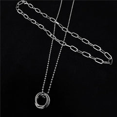 Set of 2: Stacked Ring Pendant Ball Chain Necklace + Paperclip Chain  Necklace