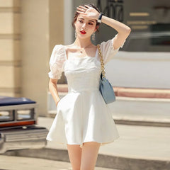 Short-Sleeve Lace Panel Wide-Leg Romper