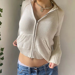 Zip-Up Cropped Knit Hoodie