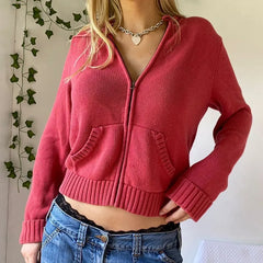 Zip-Up Cropped Knit Hoodie
