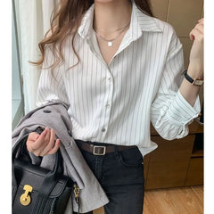 Long-Sleeve Collar Pinstriped Blouse