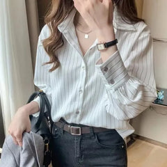 Long-Sleeve Collar Pinstriped Blouse