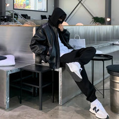 Mock Two-Piece Hooded Faux Leather Zip-Up Jacket