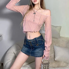 Long-Sleeve Off-Shoulder Asymmetrical Hem Crop Top