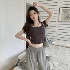 Short-Sleeve Square Neck Slim Fit Cropped T-Shirt