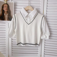 Mock Two-Piece Short-Sleeve Knit Panel Blouse