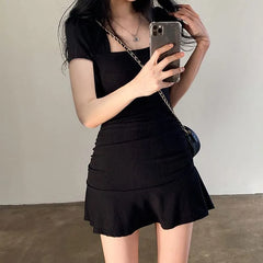 Short-Sleeve Square Neck Mini A-Line Dress
