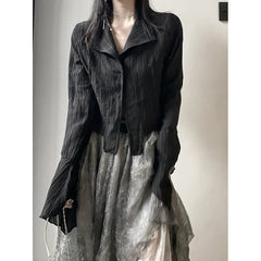 Long-Sleeve V-Neck Plain Asymmetric Hem Ruched Shirt