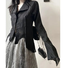 Long-Sleeve V-Neck Plain Asymmetric Hem Ruched Shirt