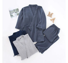 Pajama Set: Elbow-Sleeve Plain Kimono Top + Elastic Waist Pants