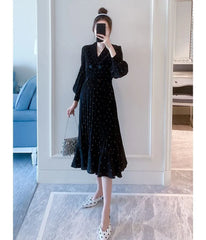 Maternity Puff-Sleeve V-Neck Dotted Midi A-Line Dress