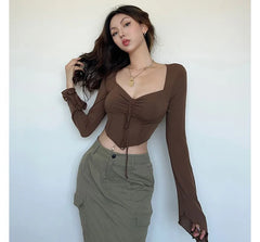 Long-Sleeve Plain Drawstring Corset Top