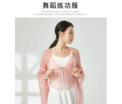 Bell-Sleeve Beaded Fringe Tie-Front Sheer Dance Jacket