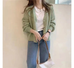 V-Neck Plain Pointelle Knit Cardigan