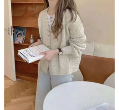 V-Neck Plain Pointelle Knit Cardigan
