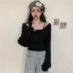 Long-Sleeve Mock Two-Piece Ribbed Knit Top