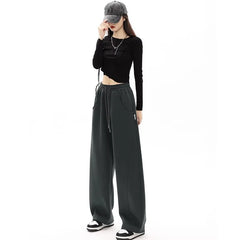 Mid-Waist Drawstring Pocketed Wide-Leg Plain Sweatpants