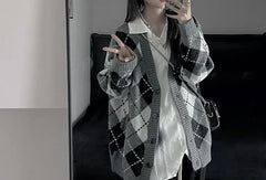 V-Neck Argyle Loose-Fit Button-Up Cardigan