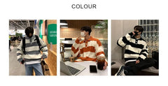 Long-Sleeve Striped Ribbed Polo-Neck Sweater