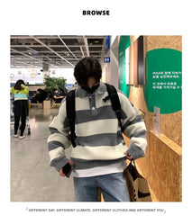 Long-Sleeve Striped Ribbed Polo-Neck Sweater