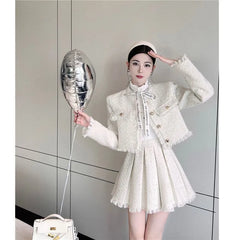 Set: Tweed Tassel Trim Button-Up Jacket + High Rise Pleated Mini A-Line Skirt