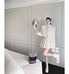 Set: Tweed Tassel Trim Button-Up Jacket + High Rise Pleated Mini A-Line Skirt