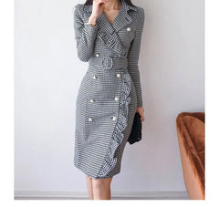 Long-Sleeve Double Breasted Houndstooth Sheath Dress
