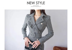 Long-Sleeve Double Breasted Houndstooth Sheath Dress